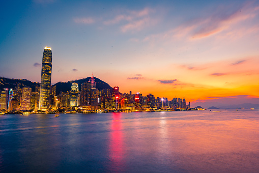 Hong Kong neon sunset iconic harbour skyscrapers illuminated panorama China
