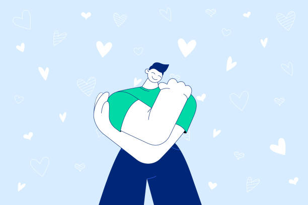 Self care, self love and esteem concept Self care, self love and esteem concept. Young smiling man cartoon character standing and hugging himself feeling happy and positive alone being proud over blue background with hearts self love stock illustrations