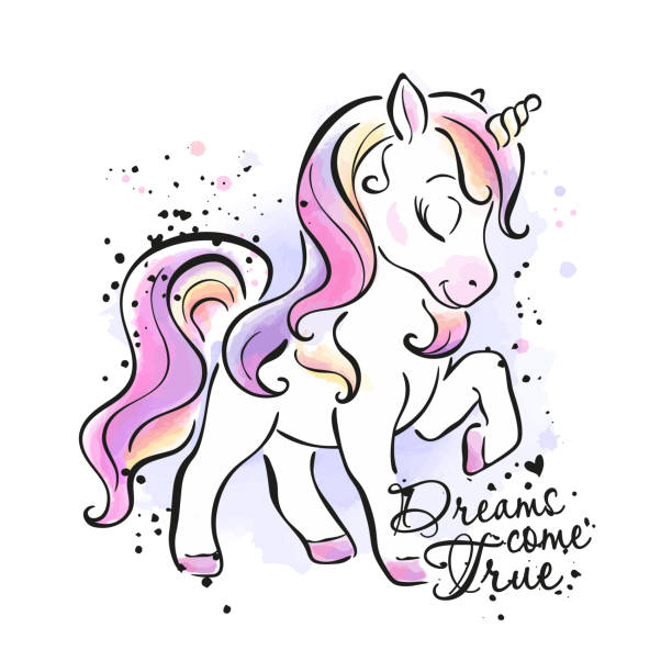 Art. Cute unicorn. Fashionable ink and watercolor style. Dream come true text. Fashion illustration drawing in modern style for clothes Art. Cute unicorn. Fashionable ink and watercolor style. Dream come true text. Fashion illustration drawing in modern style for clothes unicorn stock illustrations