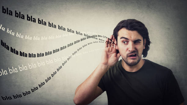 Curious and gossipy man, hand to ear gesture, trying to listen distant nonsense conversations, empty bla blah words. Slanderer guy want to hear foreign secrets, makes big eyes looks aside astonished Curious and gossipy man, hand to ear gesture, trying to listen distant nonsense conversations, empty bla blah words. Slanderer guy want to hear foreign secrets, makes big eyes looks aside astonished falsehood stock pictures, royalty-free photos & images