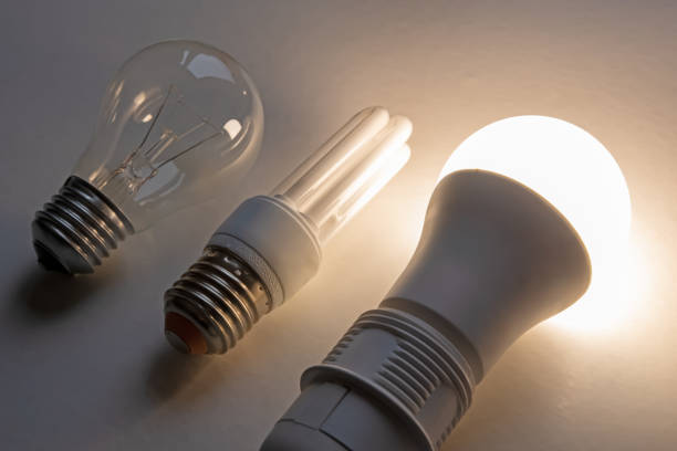 Incandescent bulb, fluorescent bulb, led bulb. stock photo