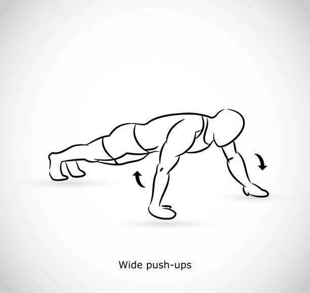 ilustrações de stock, clip art, desenhos animados e ícones de type of exercise - illustration vector - wide push ups - exercising men push ups muscular build