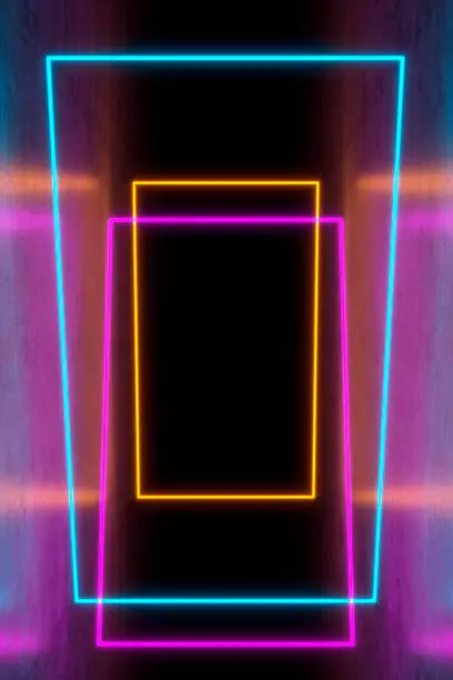 Photo of Modern empty abstract background illuminated by pink, blue, orange and green vertical rectangle neon lights / frames in diminishing perspective, 80's retro style