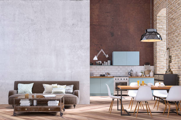 istock Industrial large modern kitchen, dining room and living room 1297751409