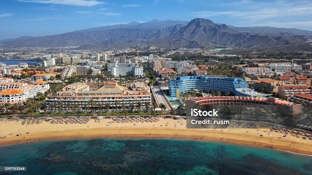 Aerial panorama of Los Cristianos resorts and Playa del Camison beach, Tenerife, Canary islands, Spain. Aerial view of Los Christianos resort, Tenerife Tenerife Stock Photo