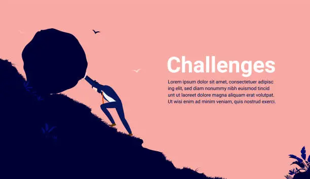 Vector illustration of Business challenges - Businessman working hard pushing boulder up hill