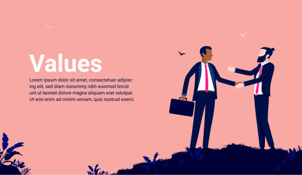 Business values - Presentation slide template with two businessmen shaking hands Men doing a handshake outdoors with copy space for text. Vector illustration morality illustrations stock illustrations