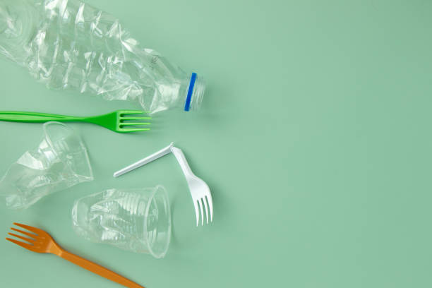 istock Various plastic trash on blue background, waste sorting and recycling concept, top view 1297754225