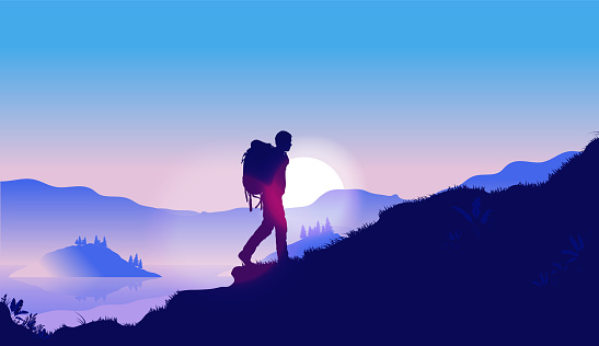 Silhouette of man walking with backpack up hill, with sunrise in background. Vector illustration.