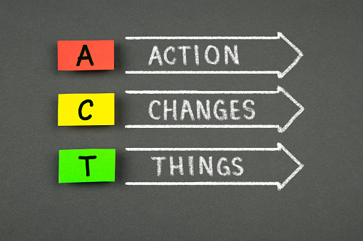 Three arrows with words : Action, Changes and Things on blackboard