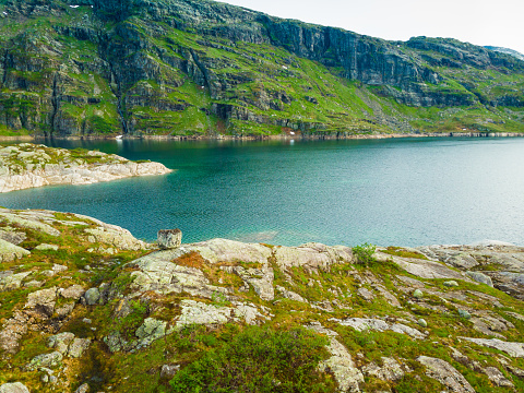 Lakes in stone rocky mountains. Norway landscape. Norwegian national tourist scenic route Ryfylke.