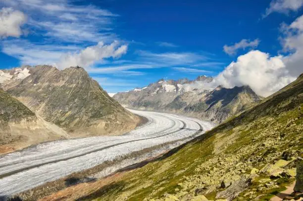 Aletsch glacier. Largest and longest glacier in Euopra, Valais Switzerland. Panoramic view of the Jungfrau. fantastic view and panorama. Aletsch arena