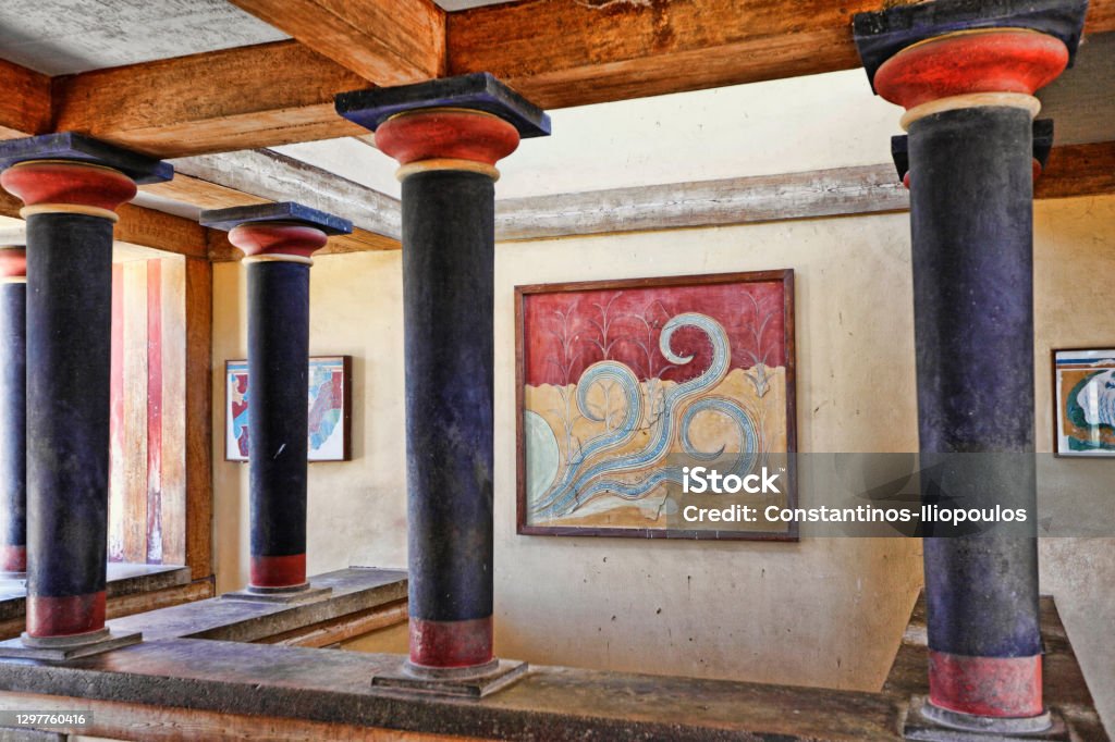 Knossos at Crete, Greece A room of the Palace with paintings in Knossos at Crete, Greece Knossos Stock Photo
