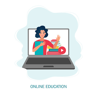 online education or distance exam concept, screen with teacher, studying on laptop. Vector illustration in flat style