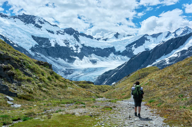 istock Guy carrying a backpack hikes on a grass valley towards a glacier and mountain range 1297763526
