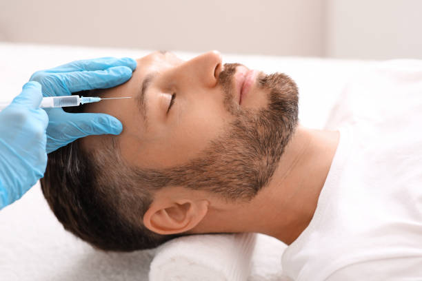 istock Beautician making face lifting procedures for middle aged man 1297765085