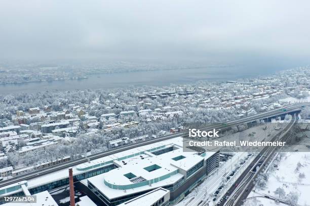 Zurich Enge Winter Panorama Stock Photo - Download Image Now - Shopping Mall, Above, Architecture