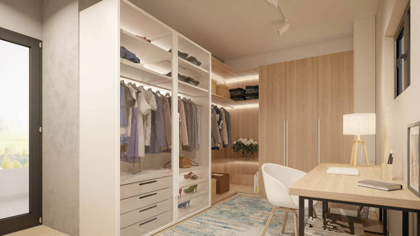 Computer generated image of dressing room. Architectural Visualization. 3D rendering. Computer generated image of dressing room. Architectural Visualization. 3D rendering. walk in closet stock pictures, royalty-free photos & images