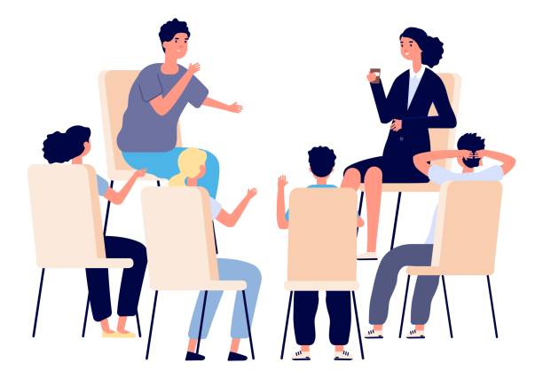 ilustrações de stock, clip art, desenhos animados e ícones de people meeting. psychotherapy training, business lecture or conference. persons sitting in circle and talking. cartoon man woman support group vector concept - cartoon business meeting training