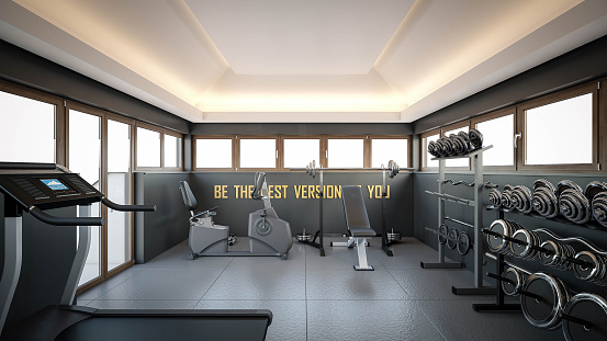 Interior Design. Architecture. Computer generated image of home gym. Architectural Visualization. 3D rendering.