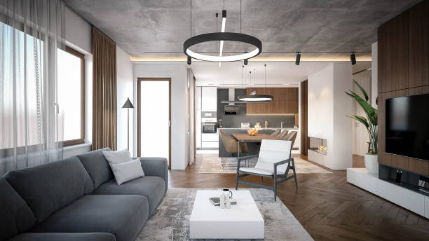 istock Interior Design. Architecture. Computer generated image of living room. Architectural Visualization. 3D rendering. 1297771913