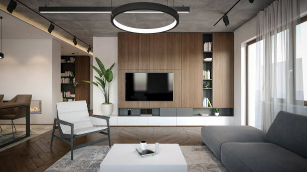 istock Interior Design. Architecture. Computer generated image of living room. Architectural Visualization. 3D rendering. 1297771942