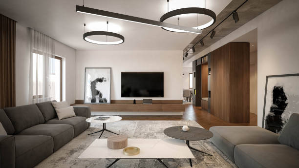 istock Interior Design. Architecture. Computer generated image of living room. Architectural Visualization. 3D rendering. 1297771976