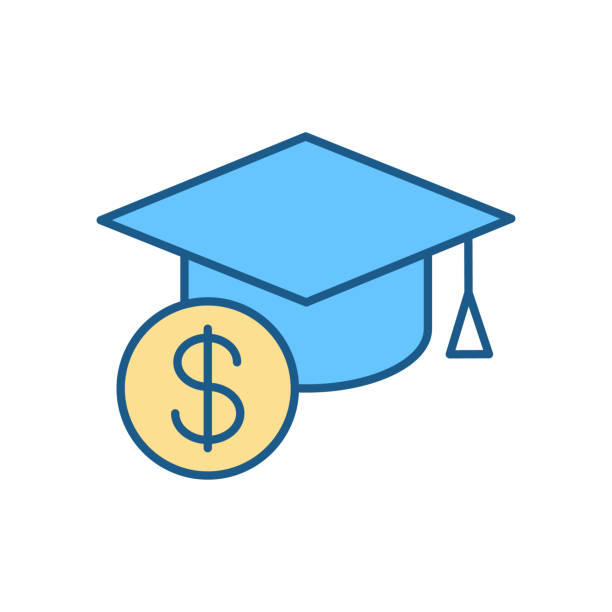 Tuition cost RGB color icon Tuition cost RGB color icon. Scholarship budget. Money for education. Price for education. Student loan. Savings for academic study. Mortarboard hat, dollar sign. Isolated vector illustration budget clipart stock illustrations
