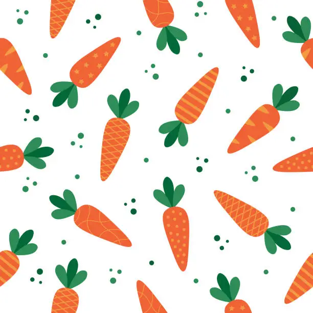 Vector illustration of Cartoon carrots with ornament, seamless pattern. Easter theme background. Vegetable, healthy vegan food wallpaper.