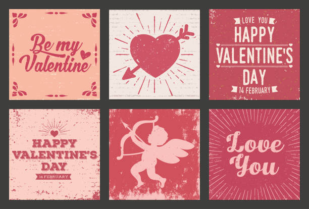 ilustrações de stock, clip art, desenhos animados e ícones de set of vintage love and valentine's day greeting cards - vector valentine card craft valentines day