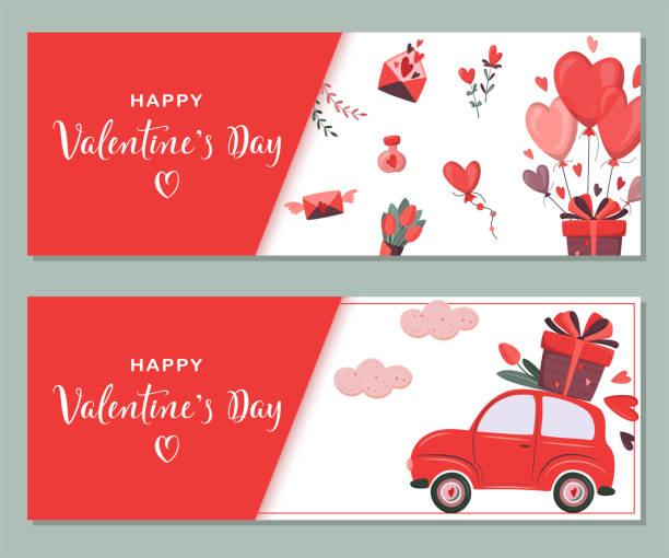 Set of romantic template of horizontal banner for Valentines Day. Set of romantic template of horizontal banner for Valentines Day. Cute retro car delivering gift and flower. Special delivery. Holiday background for discount, special offers. Vector love concept. vintage love letter backgrounds stock illustrations