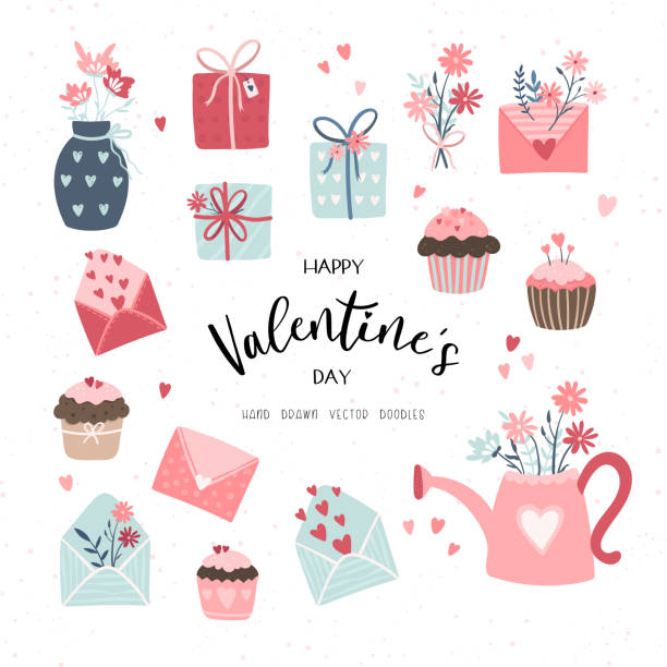 ilustraciones, imágenes clip art, dibujos animados e iconos de stock de precioso diseño dibujado a mano día de san valentín, lindos cupcakes de gareño, cajas de regalo, letras y flores, estilo boho - diseño vectorial - valentine present