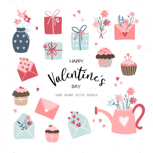 Lovely hand drawn Valentine's Day design, cute doodle cupcakes, gift boxes, letters and flowers, boho style - vector design Lovely hand drawn Valentine's Day design, cute doodle cupcakes, gift boxes, letters and flowers, boho style - vector design valentines present stock illustrations