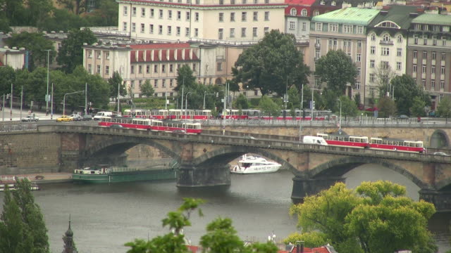 HD: Prague Trams at River Vltava, Czech Republic, Eastern Europe