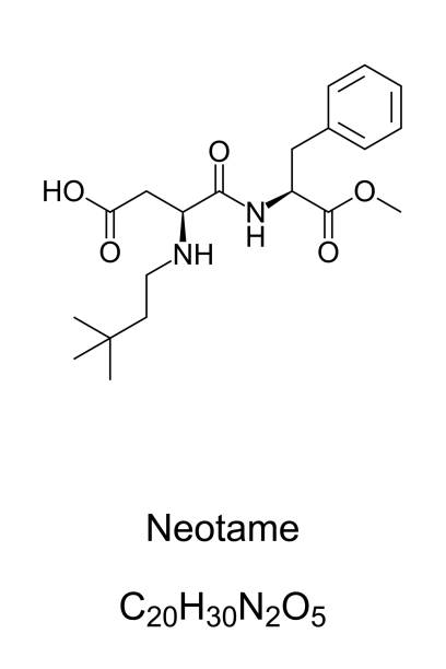 Neotame, sugar substitute, chemical formula and skeletal structure Neotame, chemical formula and skeletal structure. A non-caloric artificial sweetener, sugar substitute and aspartame analog. It enhances original food flavors. E961. Illustration over white. Vector. chemical formula for aspartame stock illustrations