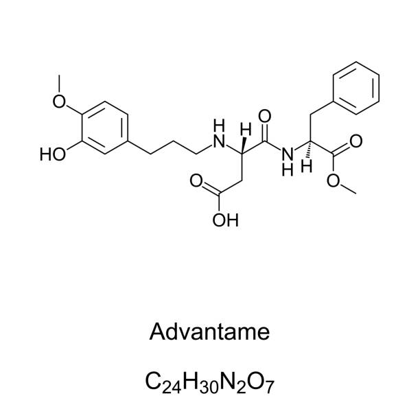 Advantame, sugar substitute, chemical formula and skeletal structure Advantame, chemical formula and skeletal structure. A non-caloric artificial sweetener, sugar substitute and aspartame analog. It enhances original food flavors. E969. Illustration over white. Vector. chemical formula for aspartame stock illustrations