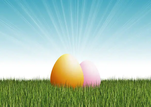 Vector illustration of Two Easter eggs, grass and light effects on blue sky