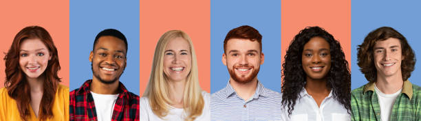 istock Positive Men And Women Posing On Blue And Pink Backgrounds 1297779042