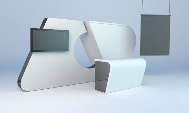 istock Exhibition booth with black hanging banner or counter for helping service 1297779106