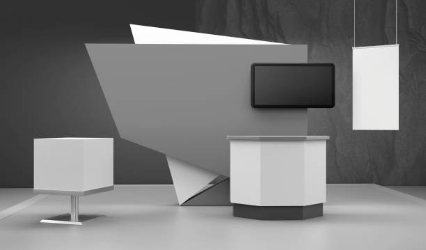 istock Exhibition stand design, Booth mock-up with hanging banner. 1297779670