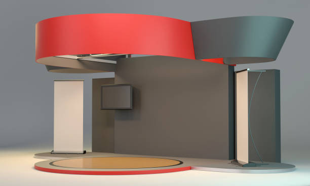 istock Exhibition stand design, Circle shape red booth mock-up with roll-up banner, 3D rendering 1297779685