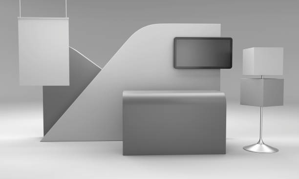 Exhibition stand design with tv display. Grey counter mock-up with hanging banner. 3D rendering