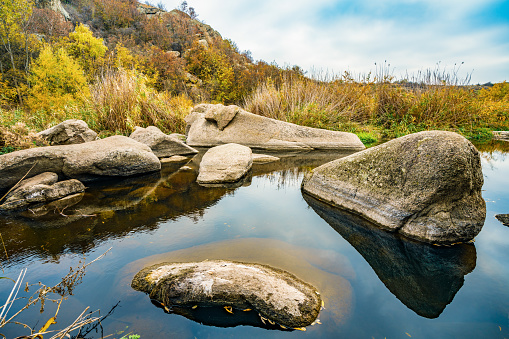 A fast, shallow, clean stream runs among smooth wet large stones surrounded by tall dry lumps that are swaying in the wind in picturesque Ukraine