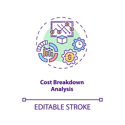 Cost breakdown analysis concept icon. Cost reduction strategy idea thin line illustration. Production optimization mechanism. Vector isolated outline RGB color drawing. Editable stroke