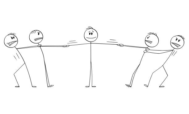 Two Groups of Men Playing Tug-of-War for Man or Customer, Vector Cartoon Stick Figure Illustration Two groups of men playing tug-of-war for man, client or employee , business vector cartoon stick figure or character illustration. funny contract stock illustrations