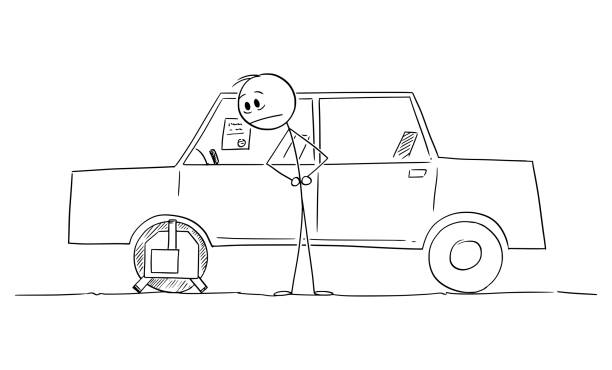 człowiek lub kierowca oglądanie koła clamp na zaparkowany samochód, vector cartoon stick rysunek ilustracja - trapped wheel clamp car land vehicle stock illustrations