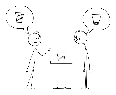 Two men are meaning if the glass with water is half full or half empty, vector cartoon stick figure or character illustration.
