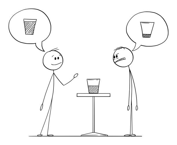 Two Men Meaning if Glass Is Half Empty or Half Full, Vector Cartoon Stick Figure Illustration Two men are meaning if the glass with water is half full or half empty, vector cartoon stick figure or character illustration. half full stock illustrations