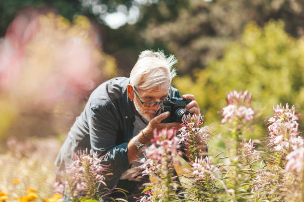 el abuelo toma fotos de flores afuera en tiempo soleado - fotógrafo fotografías e imágenes de stock