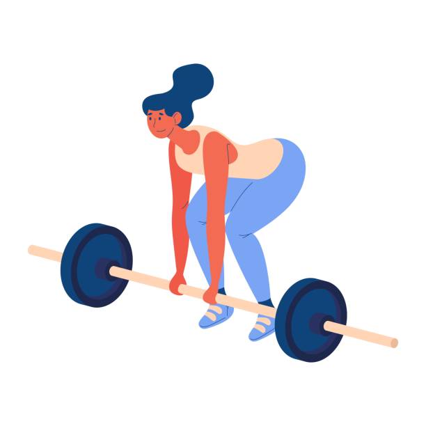 白で隔離されたデッドリフティング運動をロードされたバーベルトレーニングを持つ若い女性。健康的なライフスタイル漫画のイラスト - weight training crouching barbell weightlifting点のイラスト素材／クリップアート素材／マンガ素材／アイコン素材